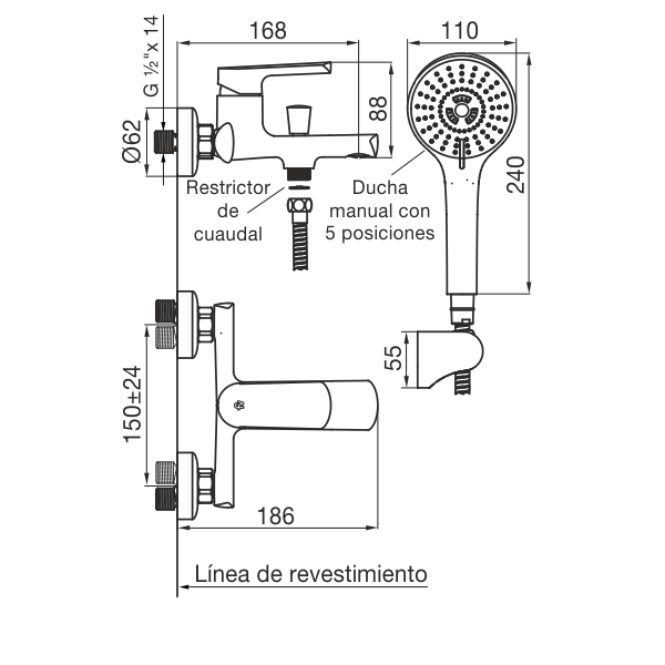 Grifería Monocomando Ducha Exterior Fv Aromo 0310/D8 NG Negro Mate