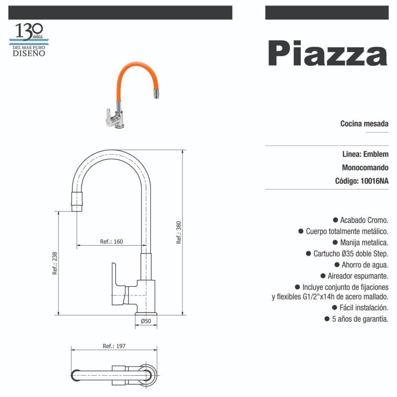 Grifería Monocomando Cocina Flexible Piazza Emblem Color Naranja 10016NA
