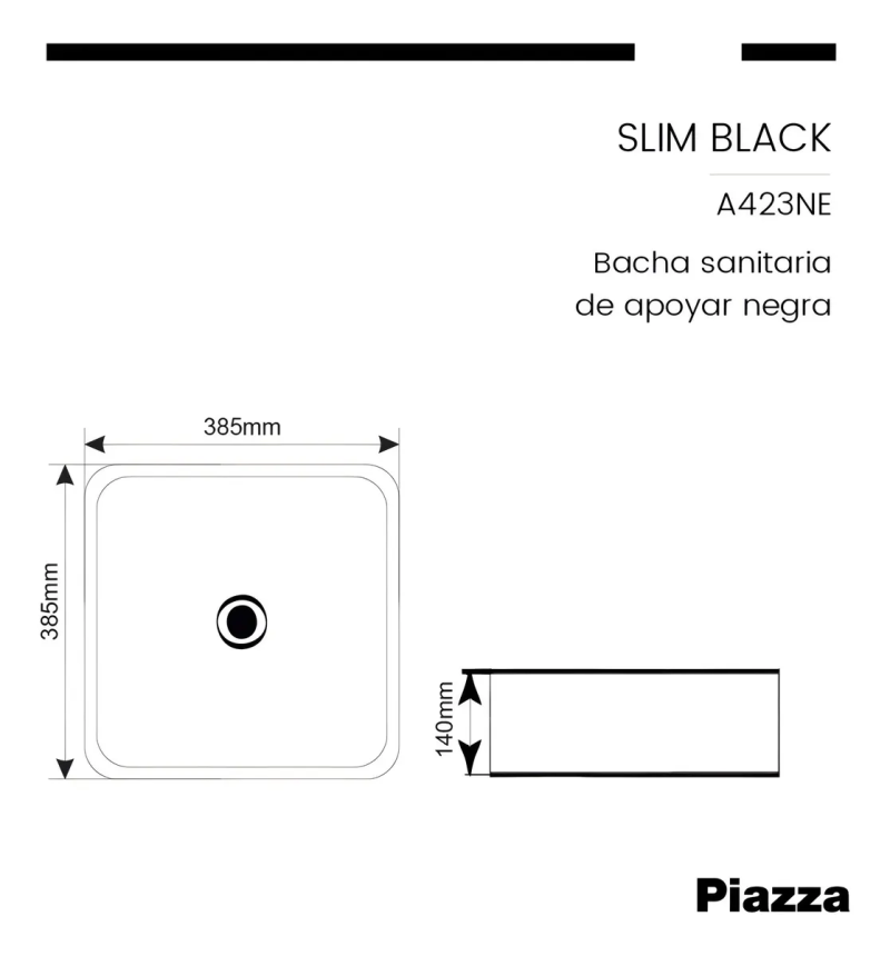 Bacha Apoyo De Porcelana Cuadrada Negro Mate Piazza A423NE