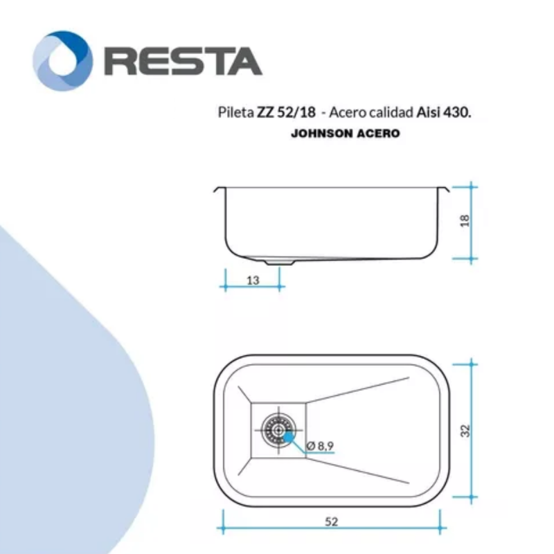 Pileta Bacha Cocina Simple Johnson Zz52/18 Acero430 52x32x18