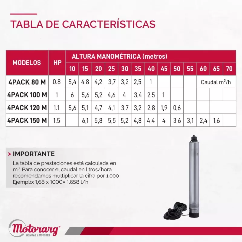 Bomba Sumergible de Pozo Motorarg 4PACK100 30 mts Cable 1 HP