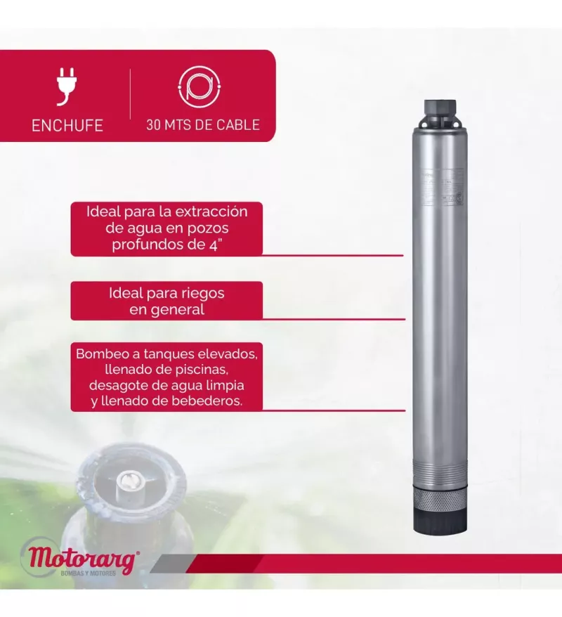Bomba Sumergible de Pozo Motorarg 4PACK100 30 mts Cable 1 HP