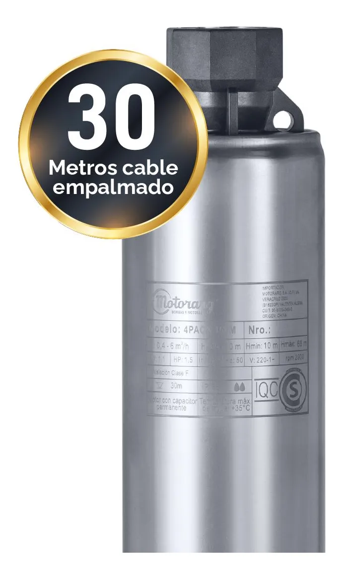 Bomba Sumergible de Pozo Motorarg 4PACK100 30 mts Cable 1 HP