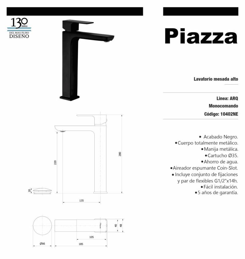 Grifería Monocomando Lavatorio Alto Piazza Arq 10402NE
