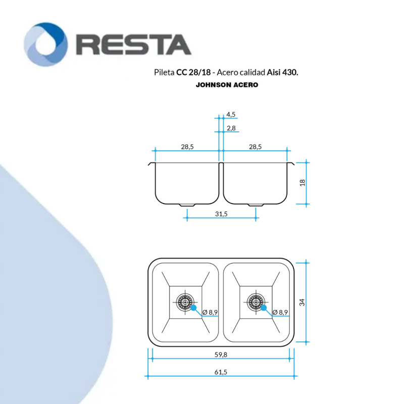 Bacha Pileta Doble Cocina Acero Inoxidable Johnson C28/18