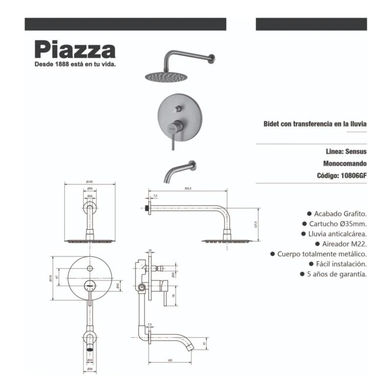 Grifería Ducha Embutir Monocomando Piazza Sensus 10806 Cromo