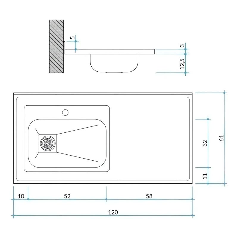 Mesada Cocina AISI 430 De 120cm Con Bacha ZZ52 Lado Izquierdo Johnson