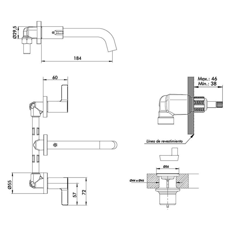 Grifería Lavatorio Pared Baño Fv Mauna 0203/G8