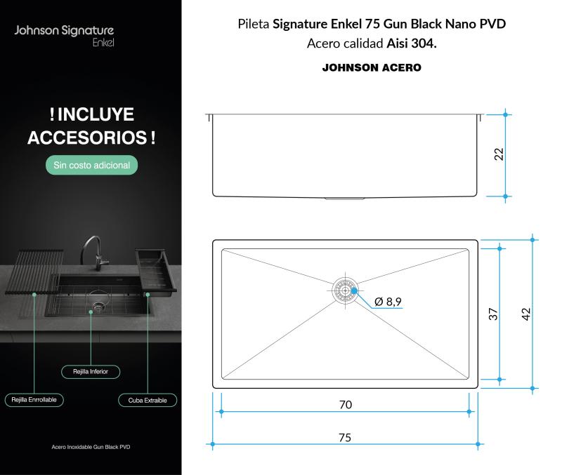 Bacha Cocina Johnson Signature Enkel Gunblack Nanopvd Se75gb