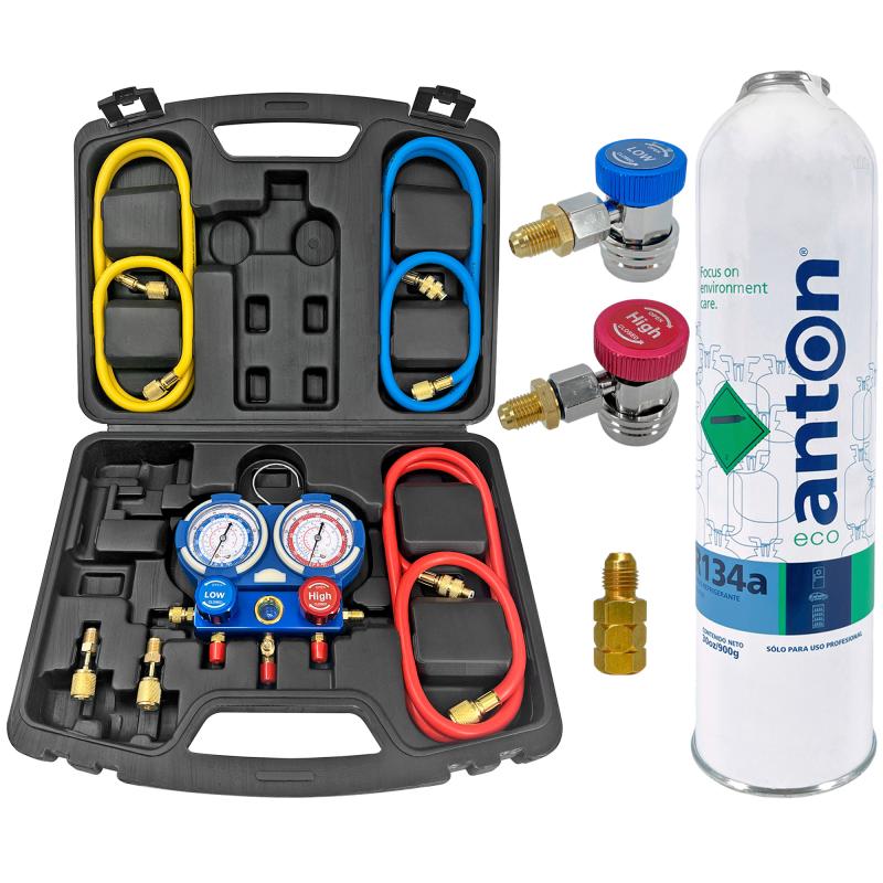 Kit carga aire automotor manifold gas R134 con valvula acoples alta y baja North