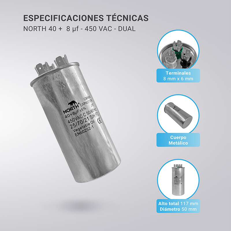 Capacitor Metalico Aire Acondicionado Split Dual 40 + 8 Uf