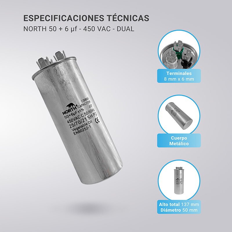 Capacitor Dual Aire Acondicionado Split 50+6uf 450v North