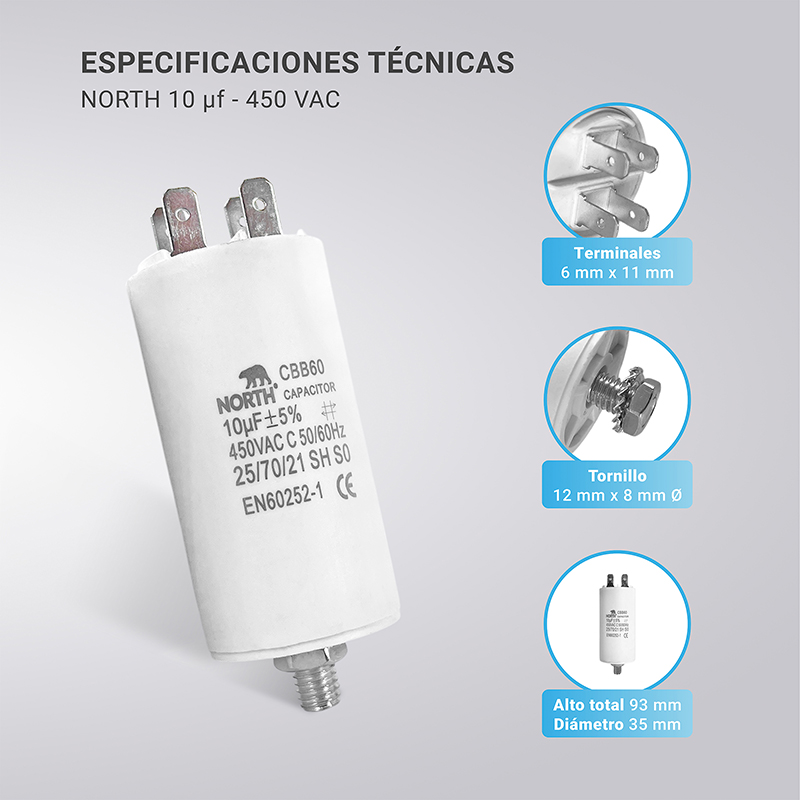Capacitor De Marcha North 10uf 450v Lavarropas 1 Unidad