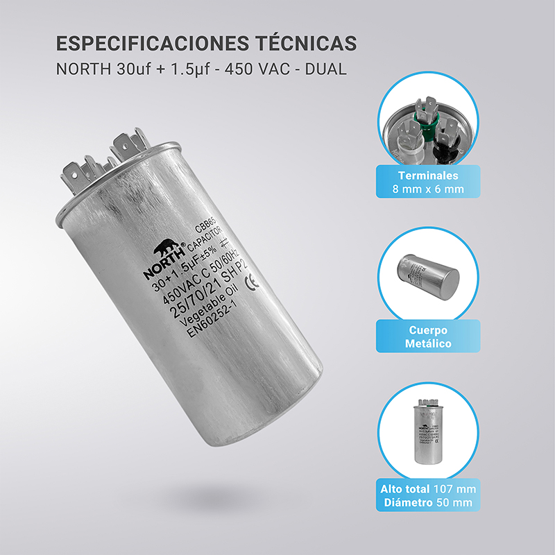 Capacitor Metalico Dual 30 + 1,5 Mf Aire Acondicionado Split
