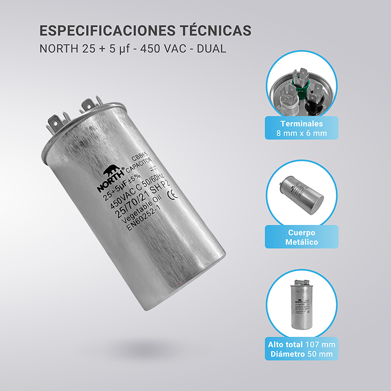 Capacitor Dual Aire Acondicionado 25+5uf 450v Metalico North