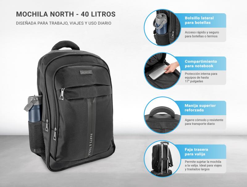 Mochila Porta Notebook Urbana Herramientas 40l North Negro Liso