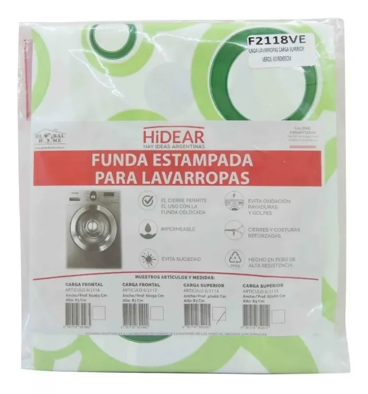 Funda verde para lavarropas de carga superior 40 x 60 x 83 cm