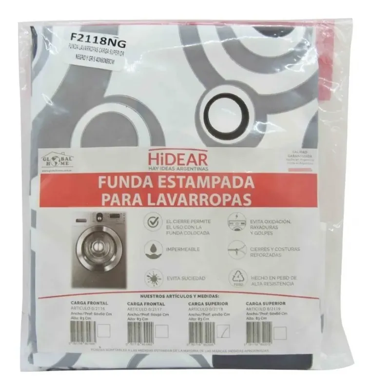 Funda estampada negra y gris para lavarropas de carga superior 40 x 60 x 83 cm