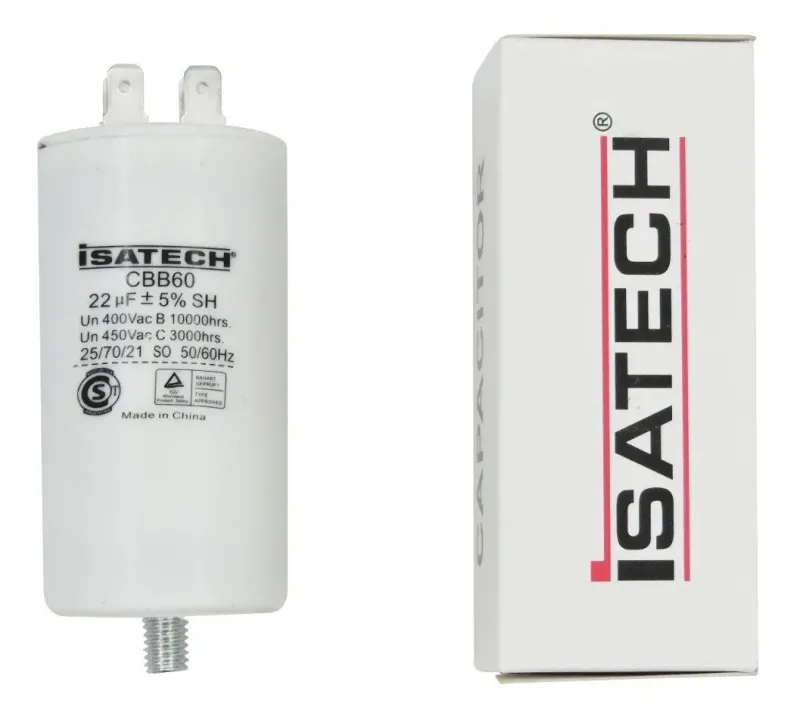 Capacitor de marcha con tornillo 22 MF Isatech para lavarropas