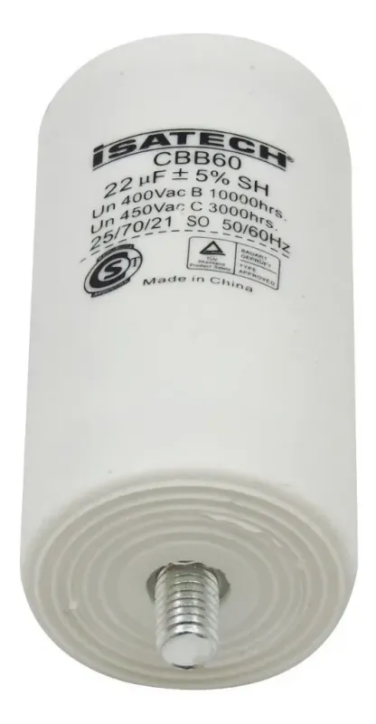 Capacitor de marcha con tornillo 22 MF Isatech para lavarropas