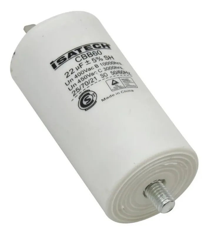 Capacitor de marcha con tornillo 22 MF Isatech para lavarropas