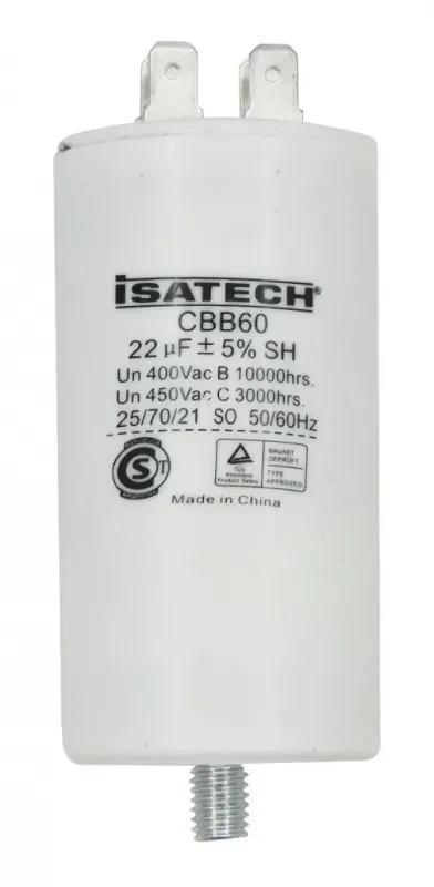Capacitor de marcha con tornillo 22 MF Isatech para lavarropas