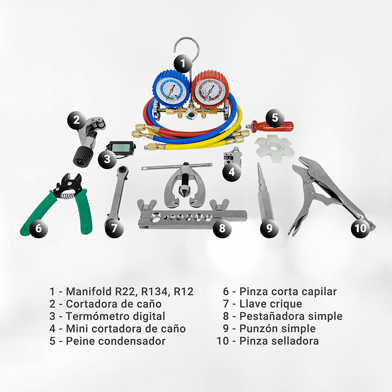 Kit Herramientas Refrigeración N°10 Manifold R22 R12 R134
