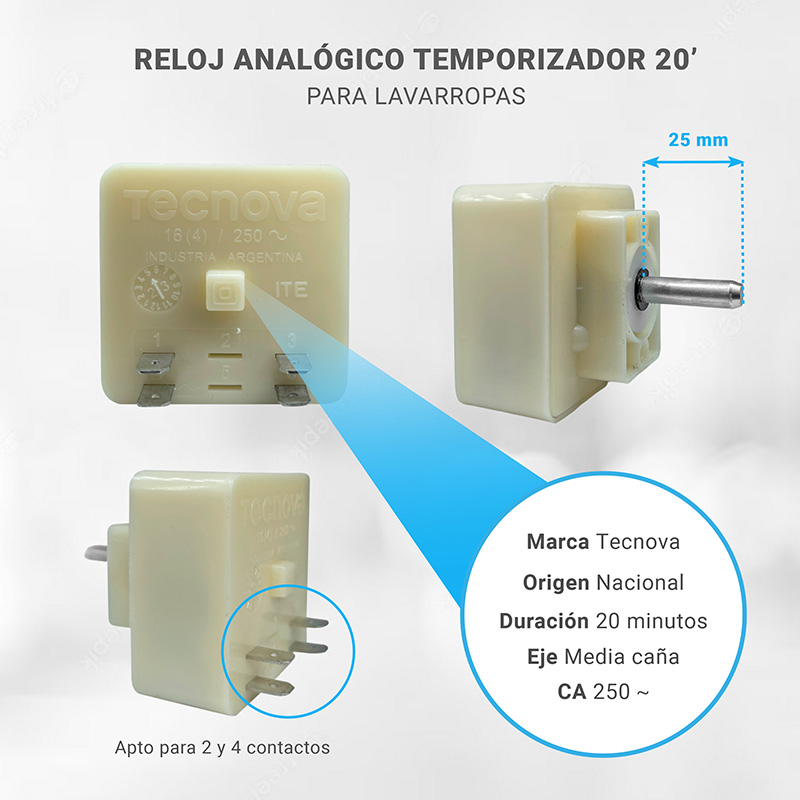 Reloj Lavarropas 4 Contactos Eje Media Caña Tecnova