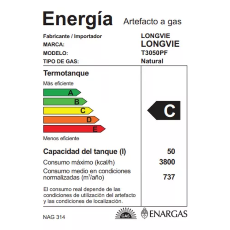 Termotanque De Pie A Gas Longvie T3050pf 50l