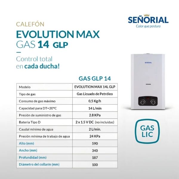 Calefon Señorial GLP14 Evolution Max Gas Licuado 19000kcal/h Blanco