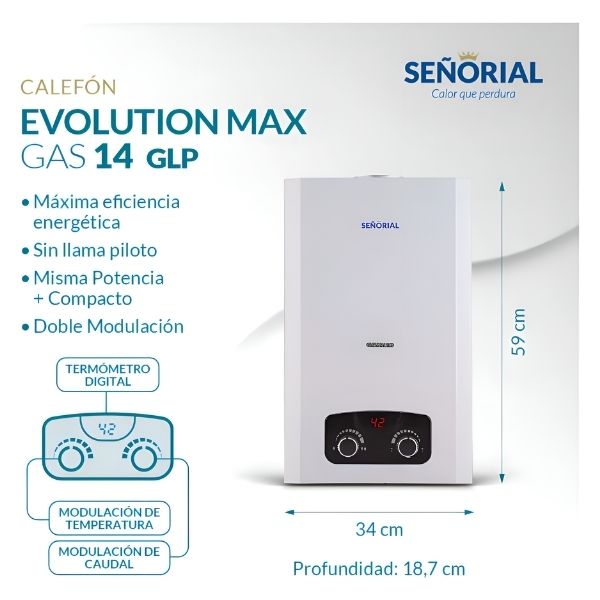 Calefon Señorial GLP14 Evolution Max Gas Licuado 19000kcal/h Blanco
