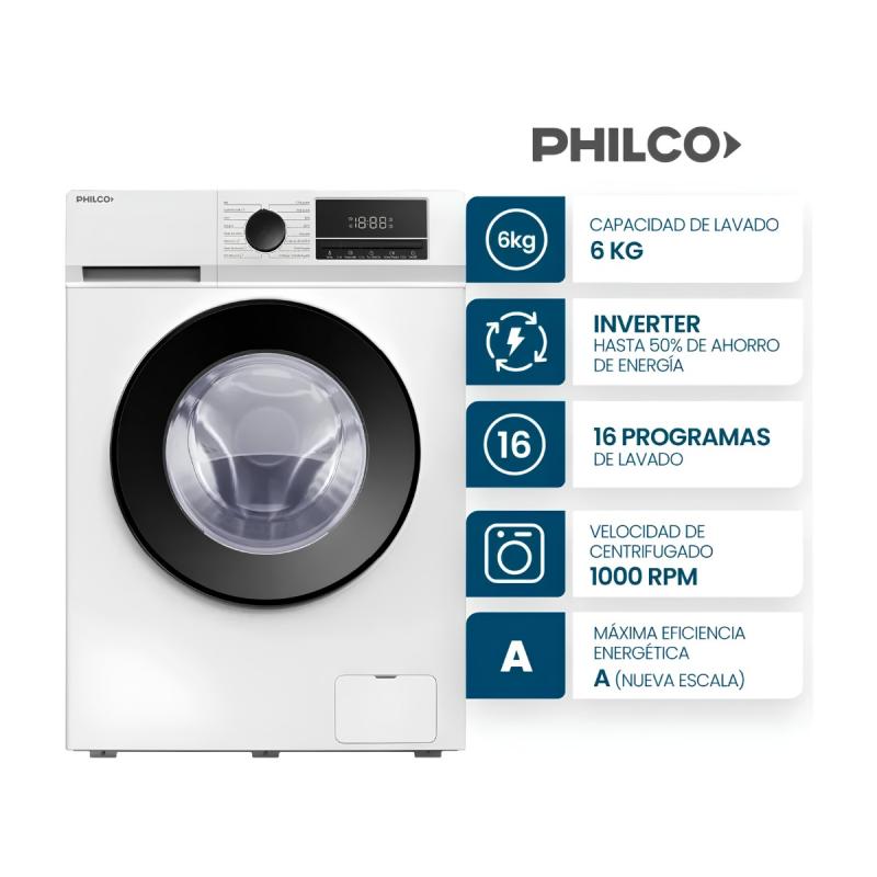 Lavarropas Inverter Philco PHLF61BN Frontal 6 kg 1000 rpm