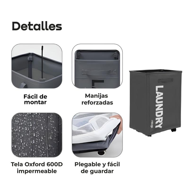 Canasto Organizador De Ropa Sucia Waggs 75L Cesto Con Ruedas