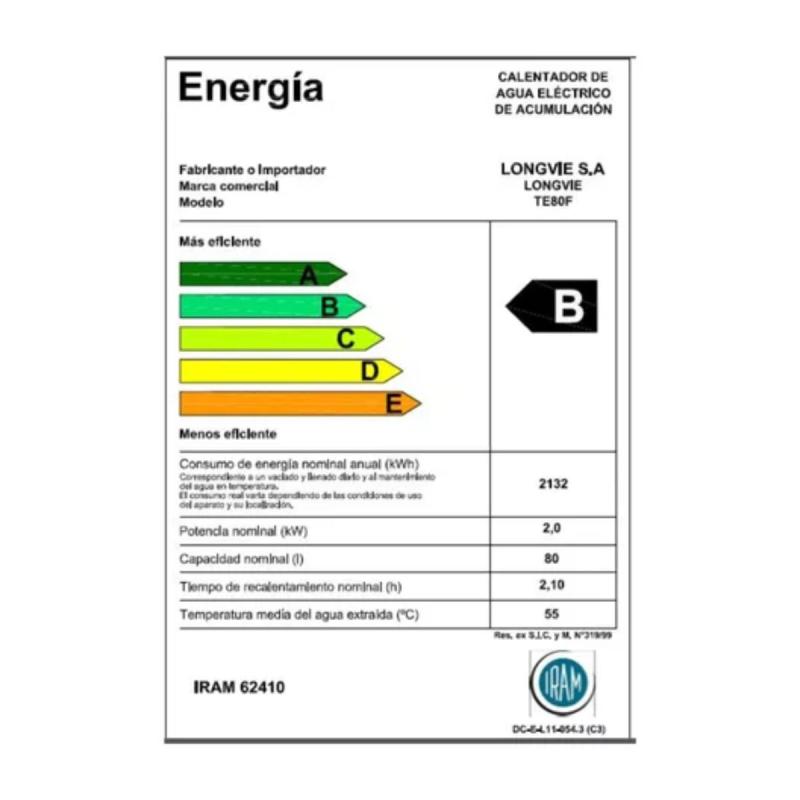 Termotanque Eléctrico Longvie TE80F Conexión Inferior 80l