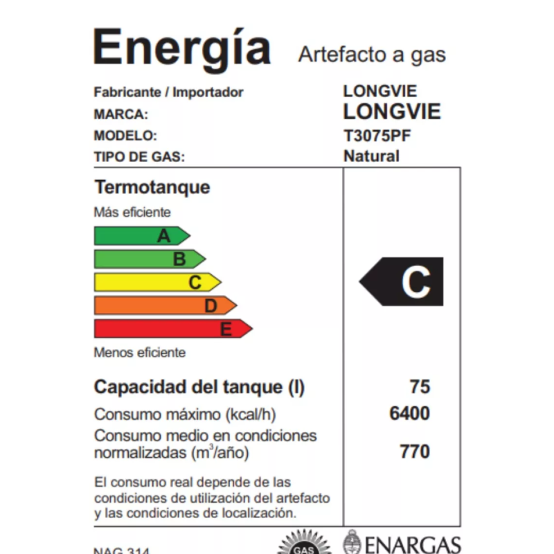 Termotanque De Pie A Gas LONGVIE T3075PF 75L