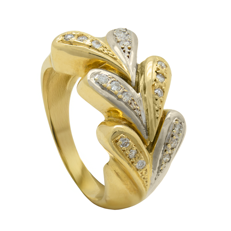 Anillo de Oro 18 kilates - Frente con Hojas y Brillantes