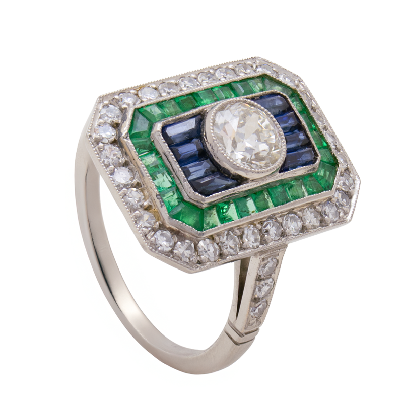 Anillo de Platino - Frente De Brillantes,Zafiros Y Esmeraldas
