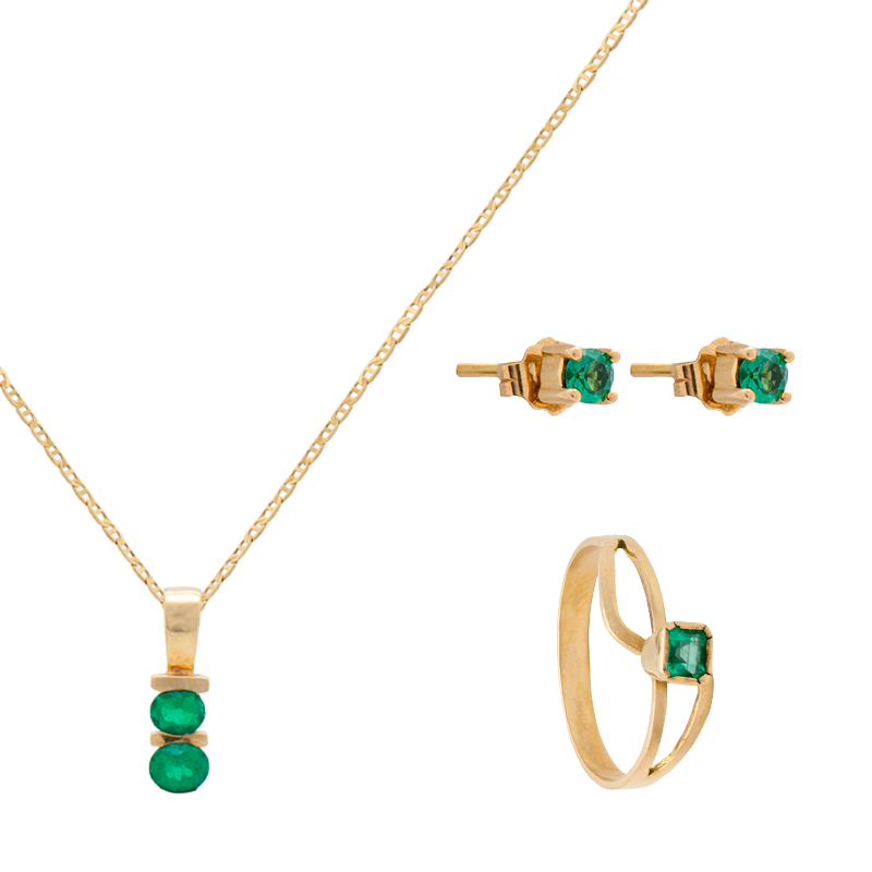 Conjunto de Oro 18 Kilates - Cadena, Anillo y Aros con Esmeraldas