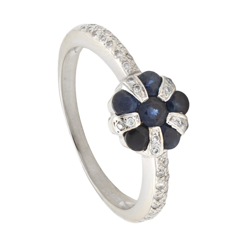 Anillo de Oro 18 kilates - Medio Sin Fin Con Flor Central De Zafiros Y Brillantes