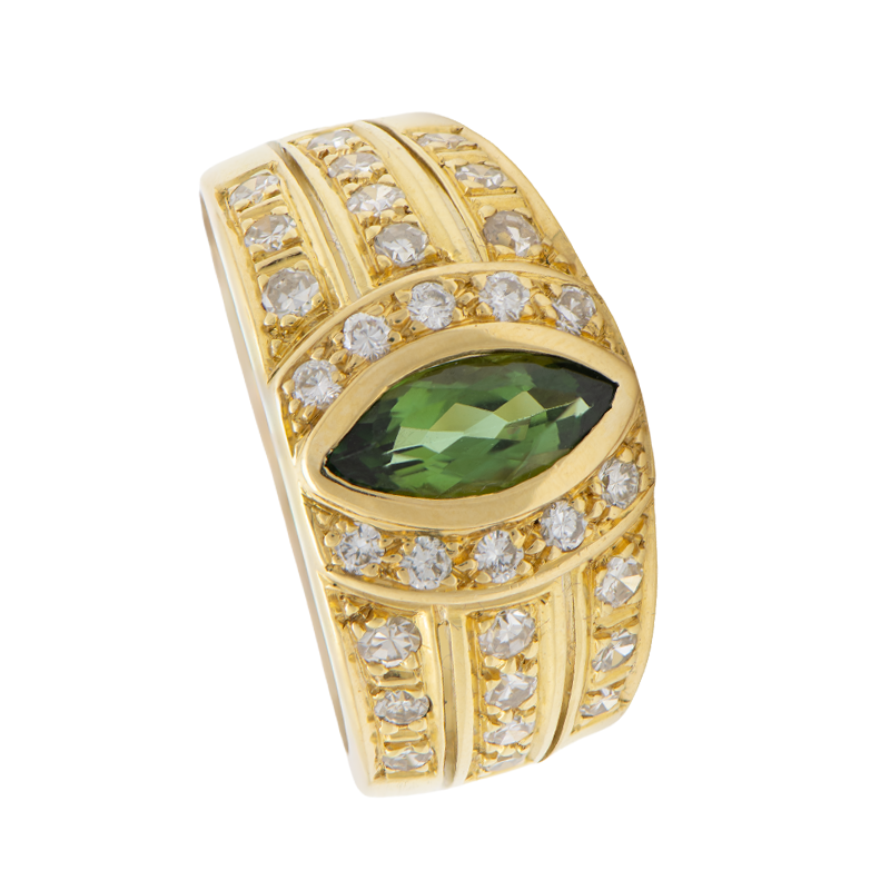 Anillo Oro 18 Kilates - Tres Hileras Con Brillantes Y Piedra Central Ovalada