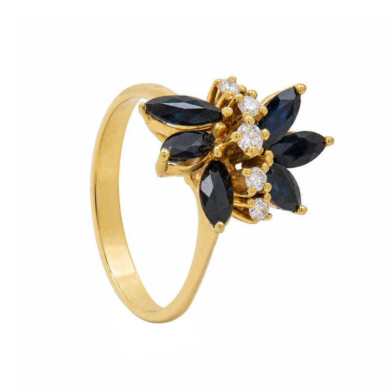 Anillo Oro 18k - Flor Brillantes Y Zafiros