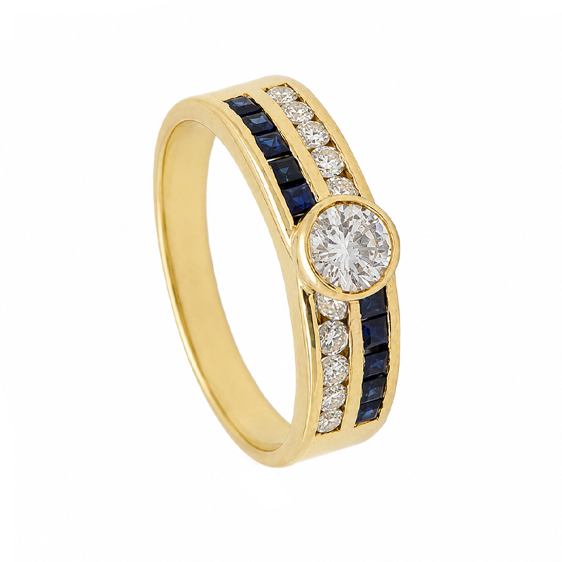 Anillo Oro 18k - Medio Sin Fin Doble Brillantes Y Zafiros