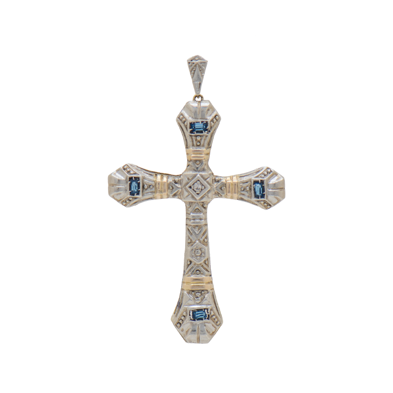 dije Oro 18K - Cruz Tipo Antigua Con Zafiros Y Brillantes