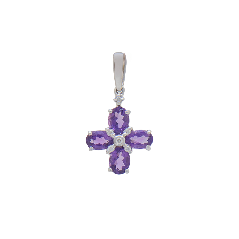 dije Oro 18K - Cruz Con Brillantes y Circonia Violeta