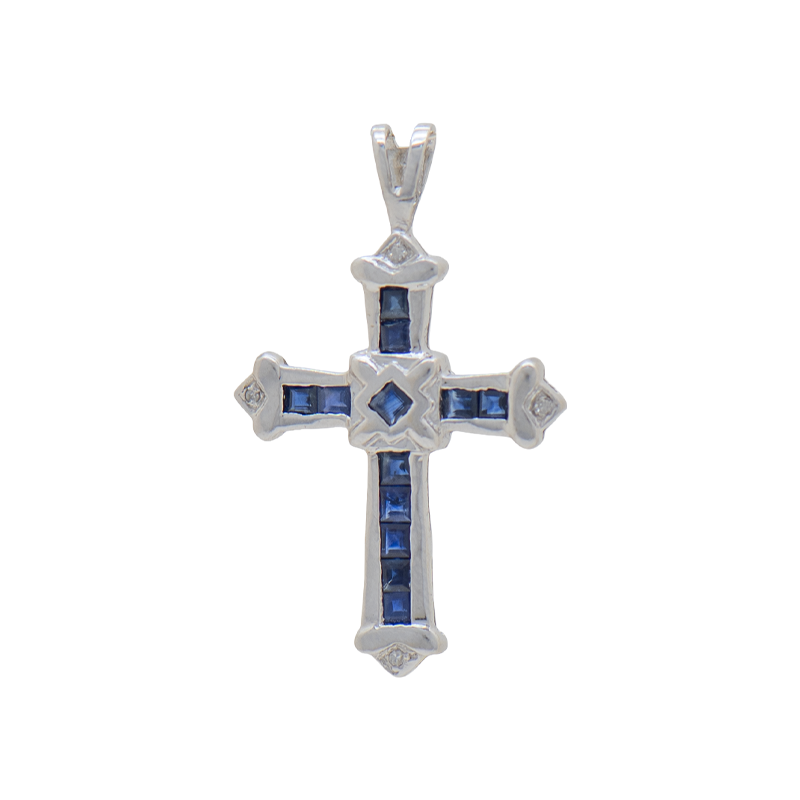 dije Oro 18K - Cruz Con Brillantes y Zafiros