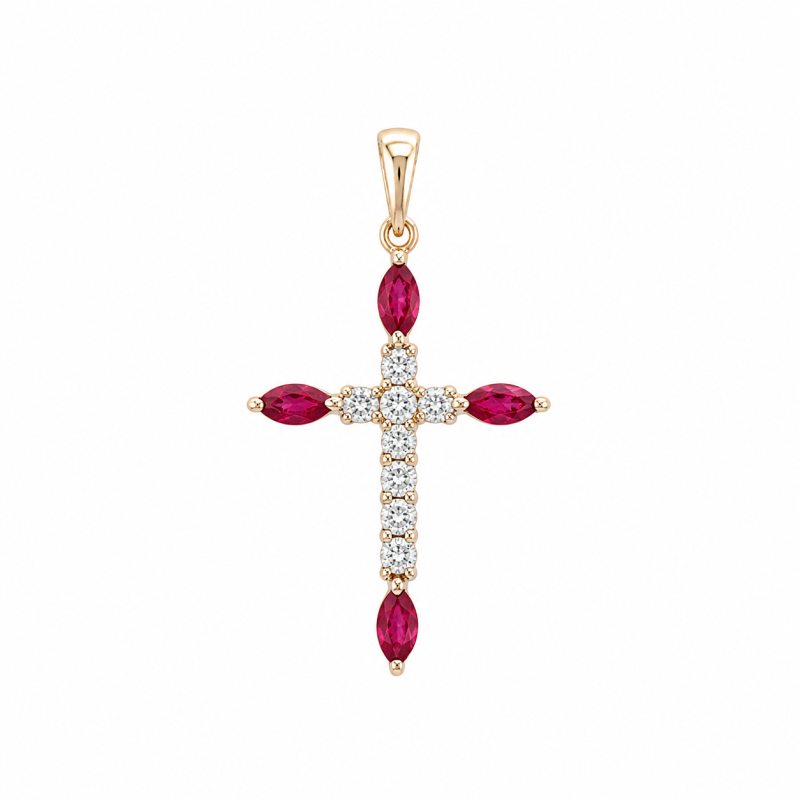 dije Oro 18K - Cruz Con Brillantes y Rubi