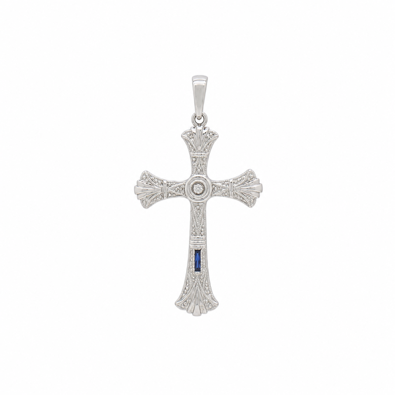 dije Oro 18K - Cruz Tipo Antigua Con Zafiros Y Brillantes