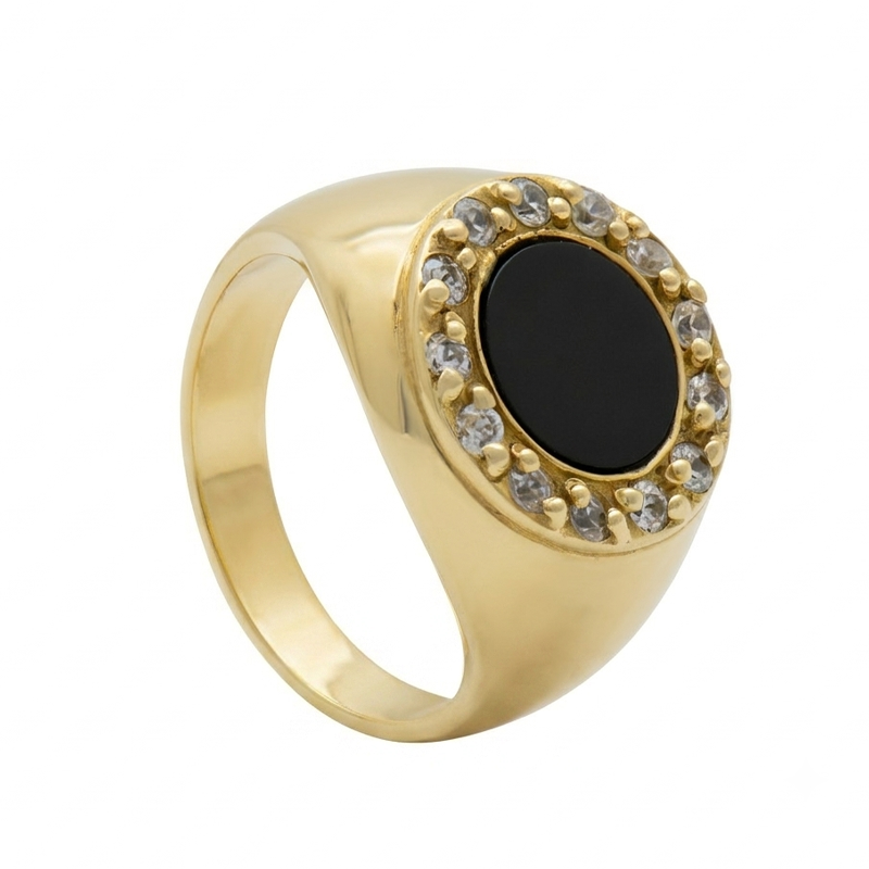 Anillo Oro 18 Kilates - Frente De Onix Central con Cubics