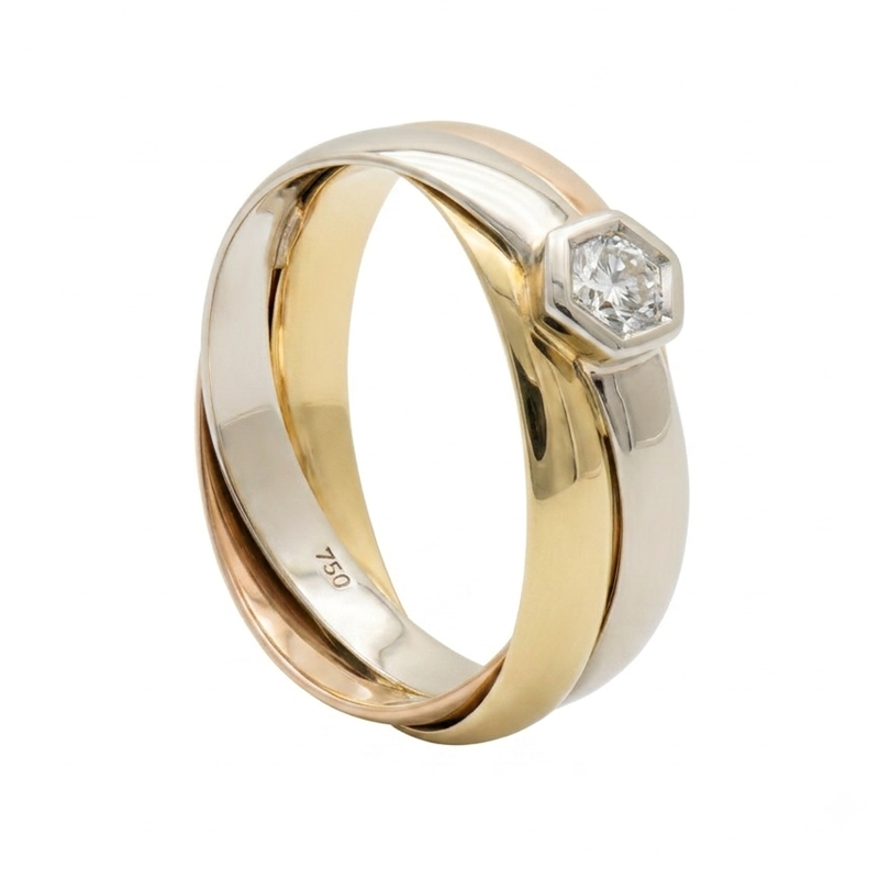 Anillo Oro 18 Kilates - Solitario Tricolor