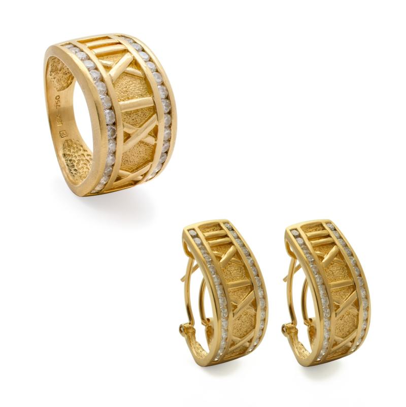 Conjunto Oro 18 kilates - Anillo y aros con brillantes y números romanos